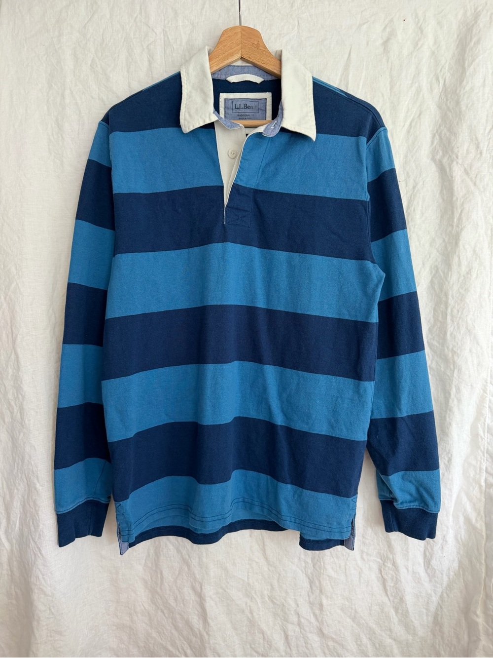 Vintage LL Bean Polo Rugby Shirt Blue Striped Small